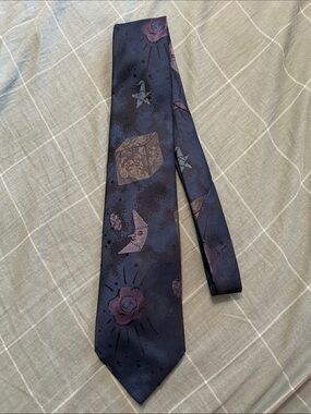 Men's Navy Patterned Silk Tie - Unbranded